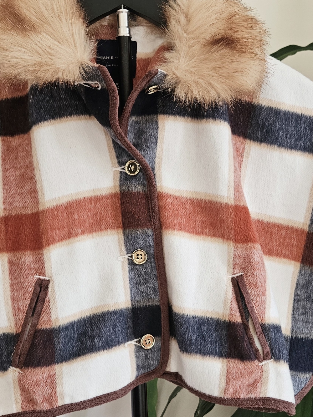 Janie and Jack Plaid Poncho Cape Coat Faux Fur Collar 2T Rust Brown Cream - Picture 4 of 13